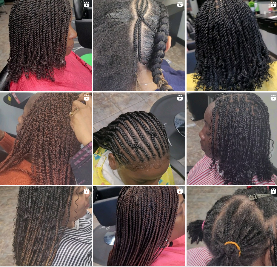 Hair braid, cornrow, fulani braid, box braid, Crochet braid, faux lock, Dreadlocksm Ghana braids, Kinky twist, Weaves, 
								Tree braids, Micro braids, Senegalese Twists, Knotless Braids,   
